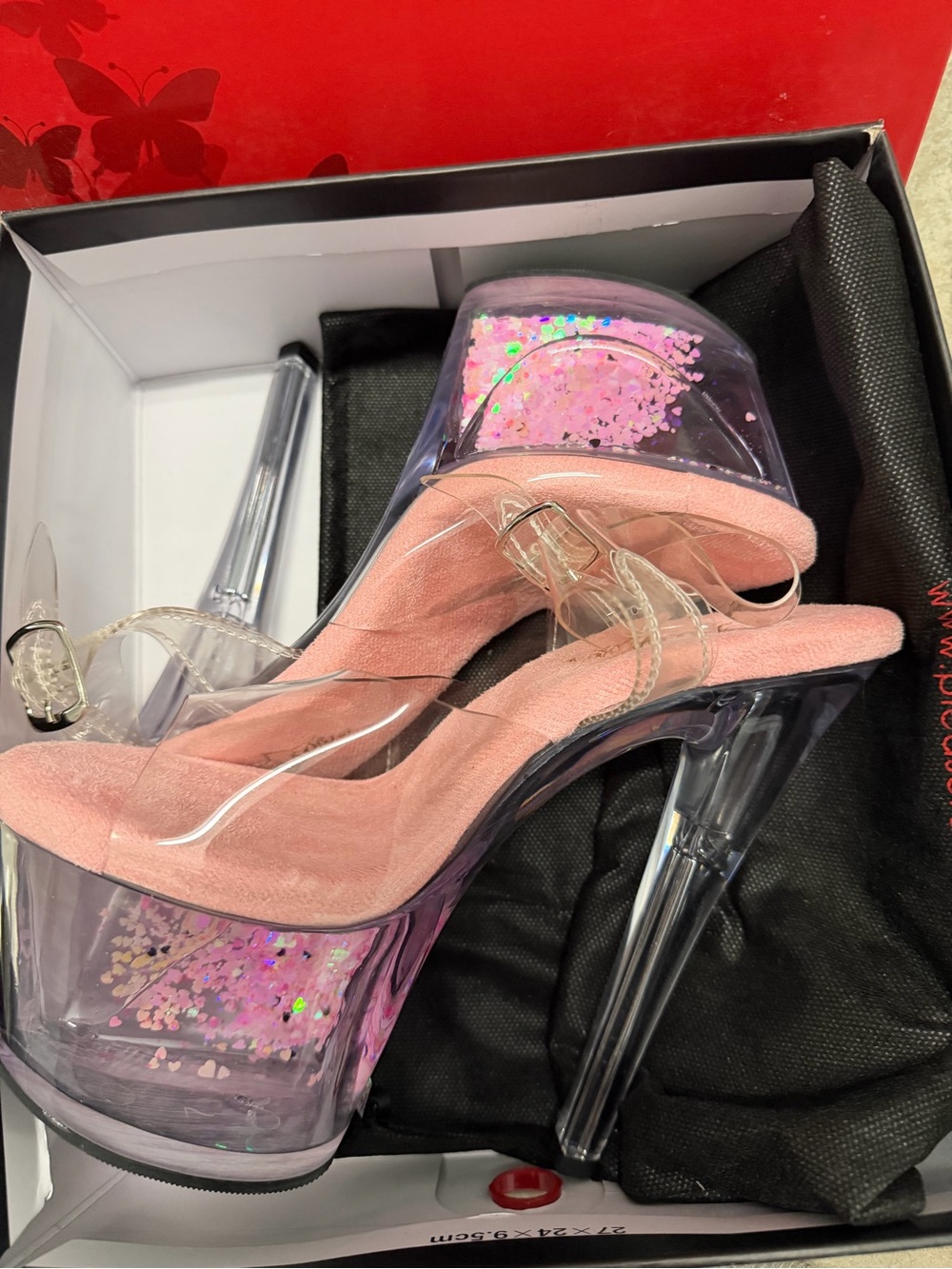 Pleaser Pink Glitter Platform Heels with Clear Straps